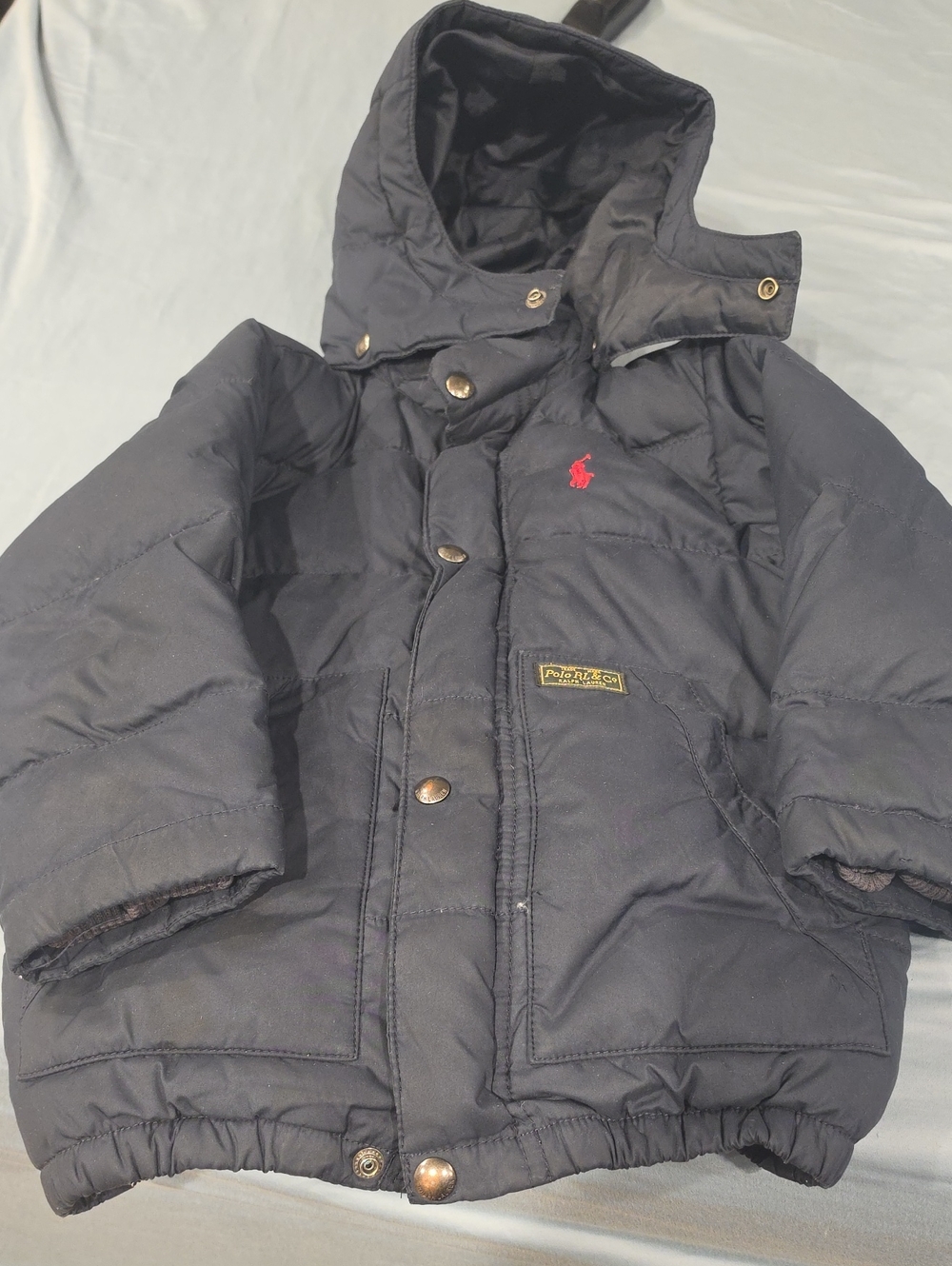 Polo by Ralph Lauren Navy Hooded Kids Puffer Coat with Red Logo